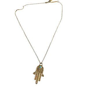 Gold Hamsa Hand Pendant Necklace Turquoise Accent On Delicate Chain Womens u